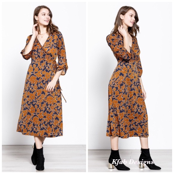 LAST ONE! V Neck Knit Midi Floral Print Wrap Dress! - Picture 5 of 11